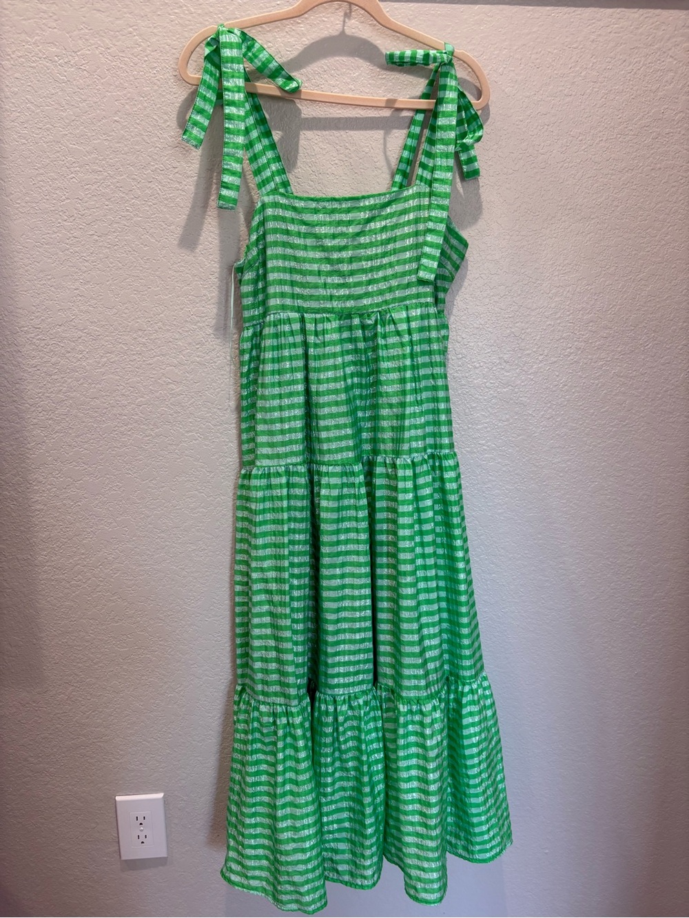 Green Striped Tie-Shoulder Tiered Dress